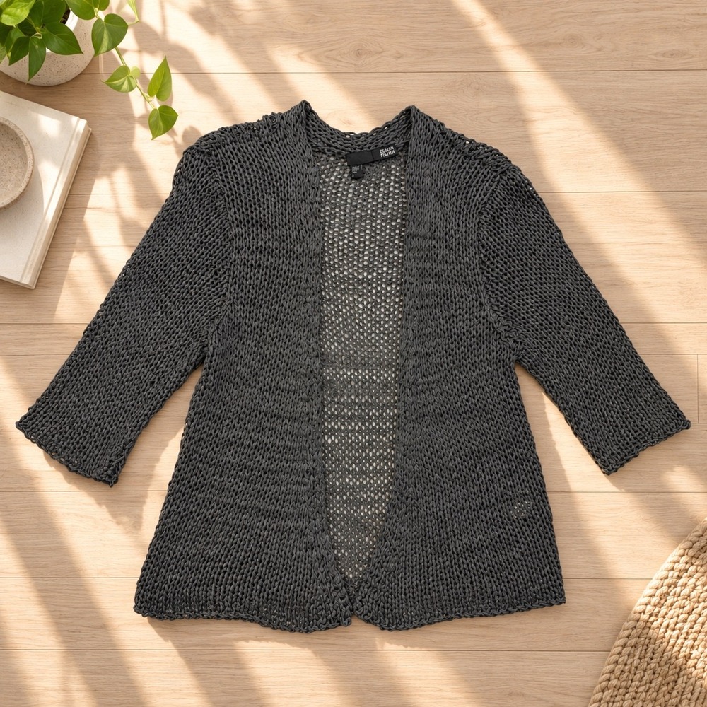 Eileen Fisher Large Gray Open Knit Cardigan 3/4 Sleeve Quiet Luxury Layering